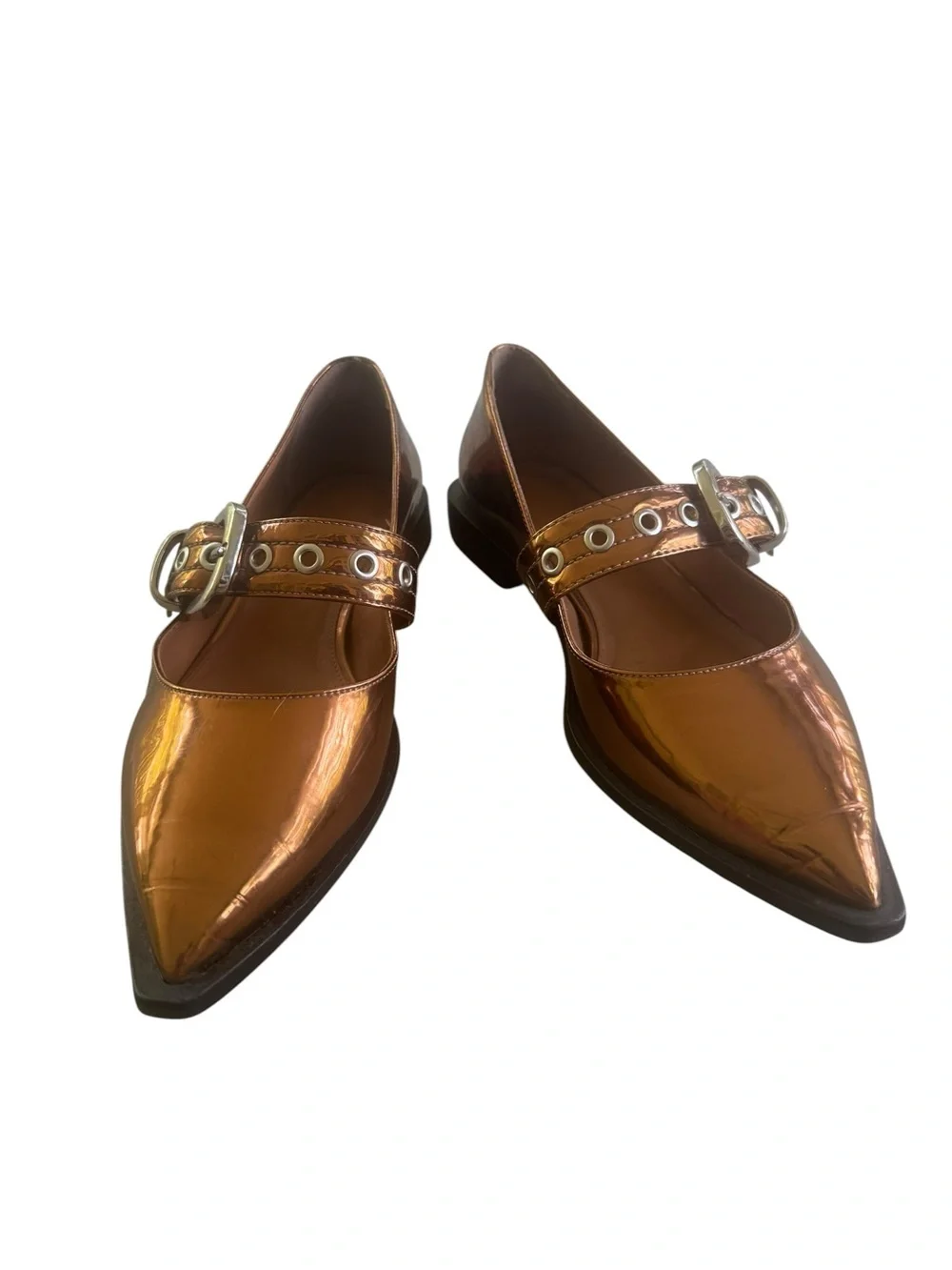 Anthropologie Maeve Pointed Toe Moto Mary Janes Bronze Metallic 38